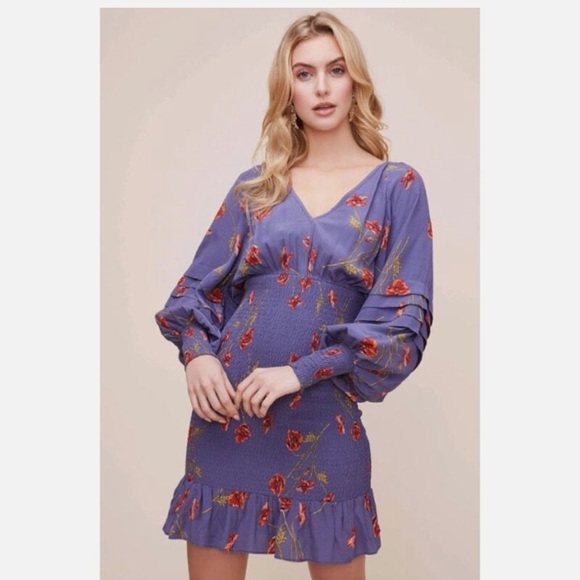 ASTR the Label Womens Dolman Smocked Mini Dress Small Floral Blue Size Small - Picture 3 of 12